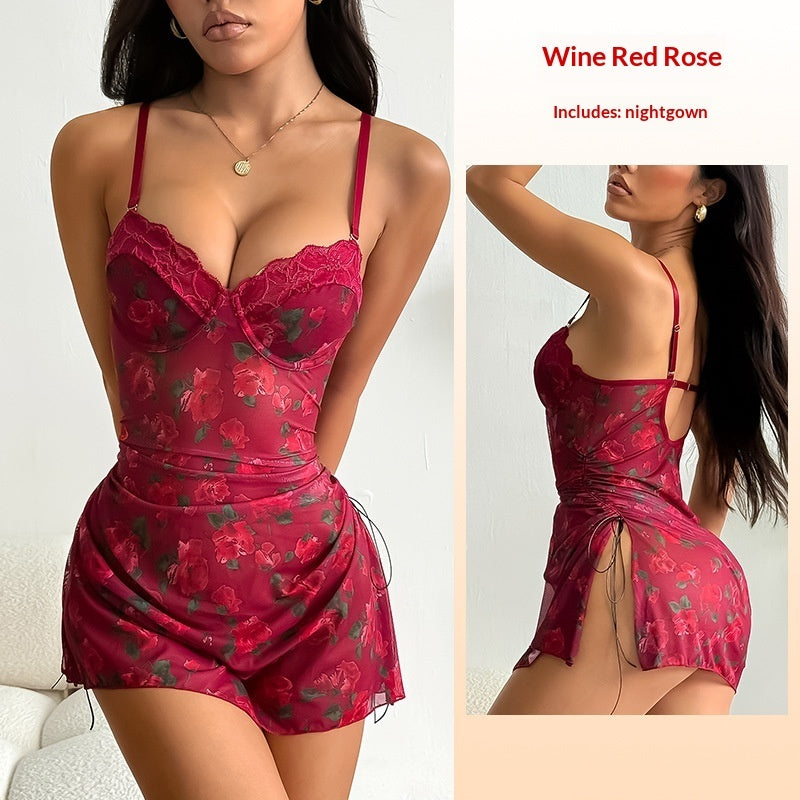 Multi-color Lace-trimmed Drawstring Sexy Slip Dress