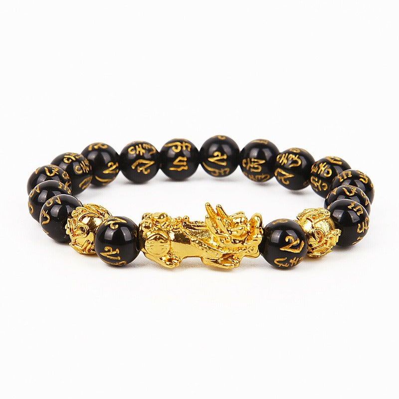 1pc Feng Shui 10-12mm Black Beads Alloy Wealth Bracelet Bangles With Golden Pixiu Charm bracelet Gifts for Men Women