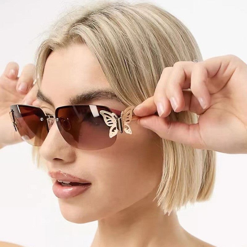 Frameless rectangular butterfly retro women's internet famous street photography diamond studded sunglasses