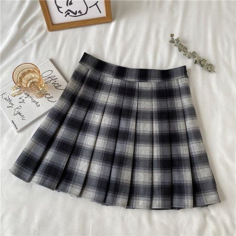 Autumn Winter Retro Coffee Color Plaid High Waist Half-length Summer Dress For Women