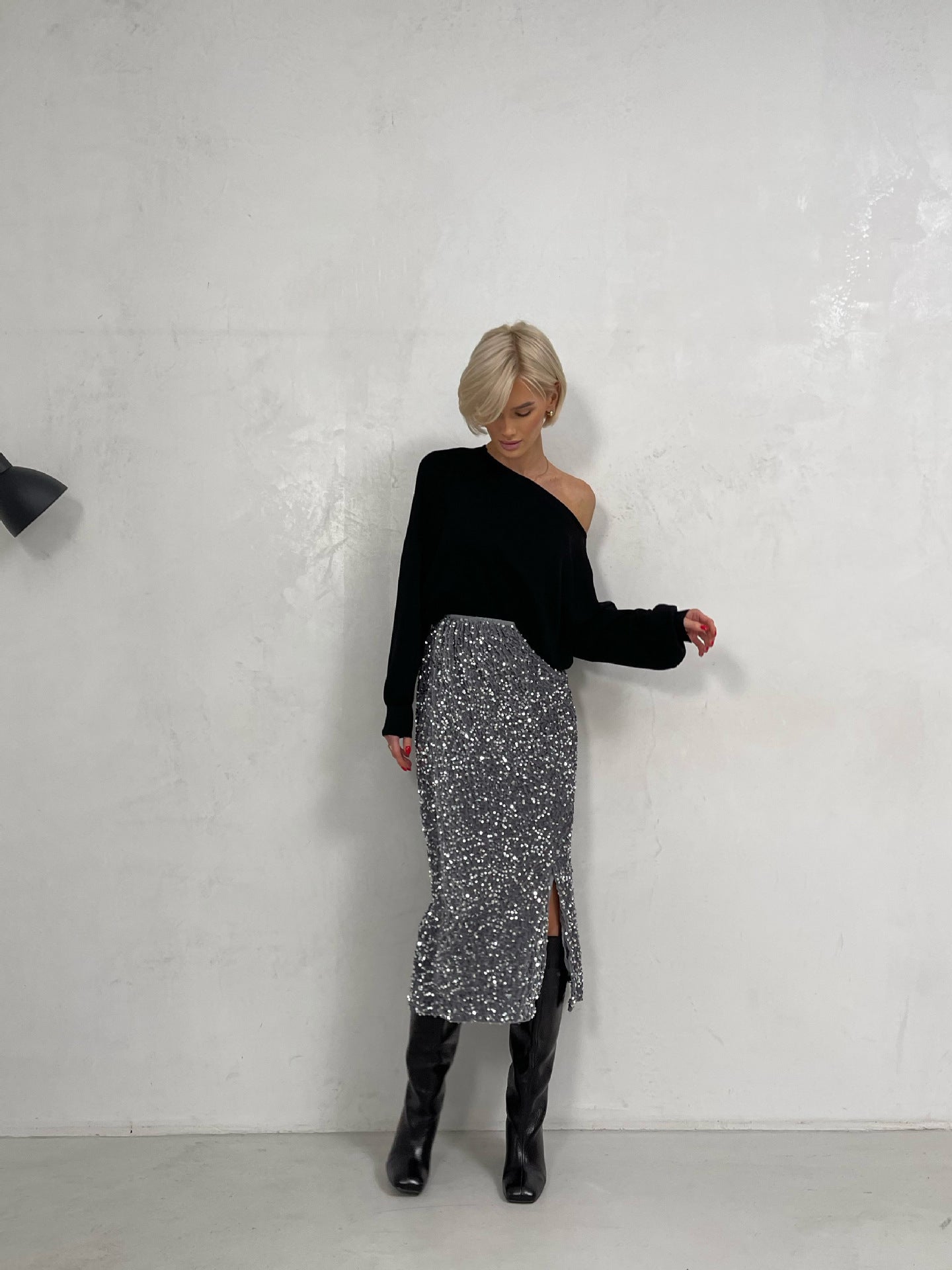 Sequins Skirt Party Sheath High Waist Slit Midi Skirt