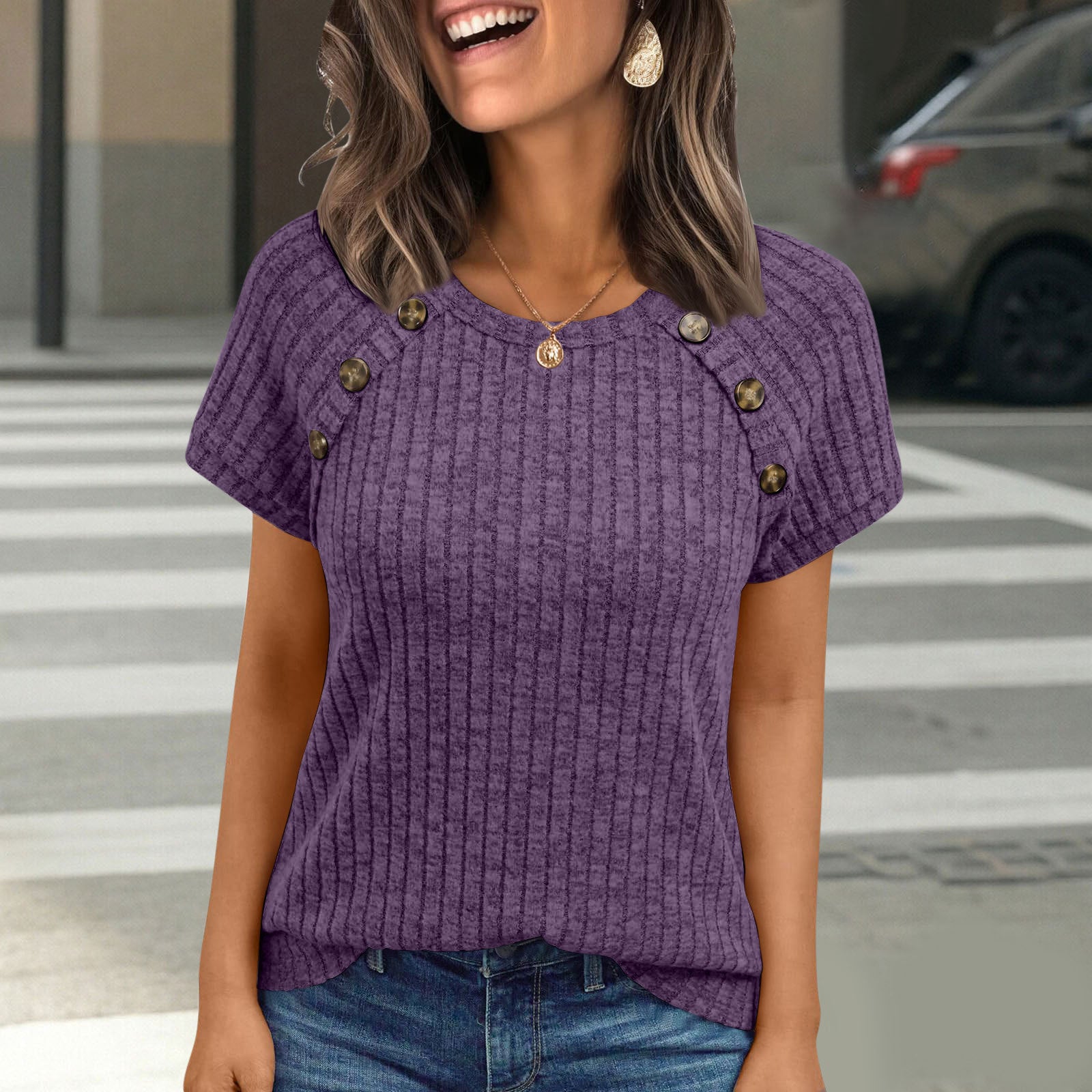 Knitted Short-Sleeve Top Womens Crew-Neck Buttoned Design Slim-Fit T-Shirt