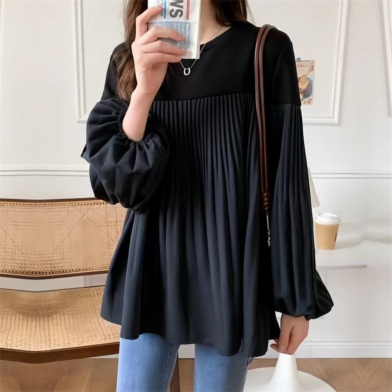 Elastic Lantern Sleeve Round Neck Contrast Color Pleated Long Sleeve Sweater