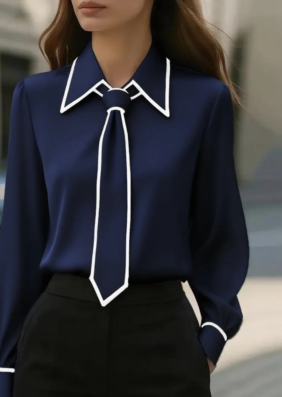 Autumn Fashion Solid Color Commute Tie Long Sleeve Shirt Women's Clothing