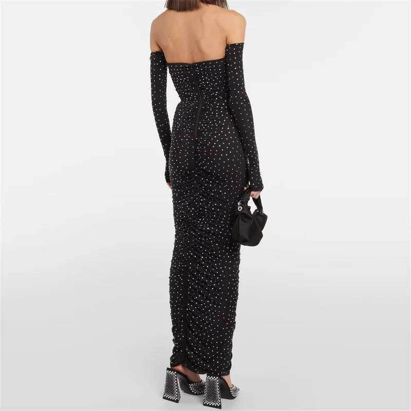 Womens dresses Spring New in Shiny hot diamond decoration sexy Off Shoulder Dress Pleated slim fit Long dresses Party dress