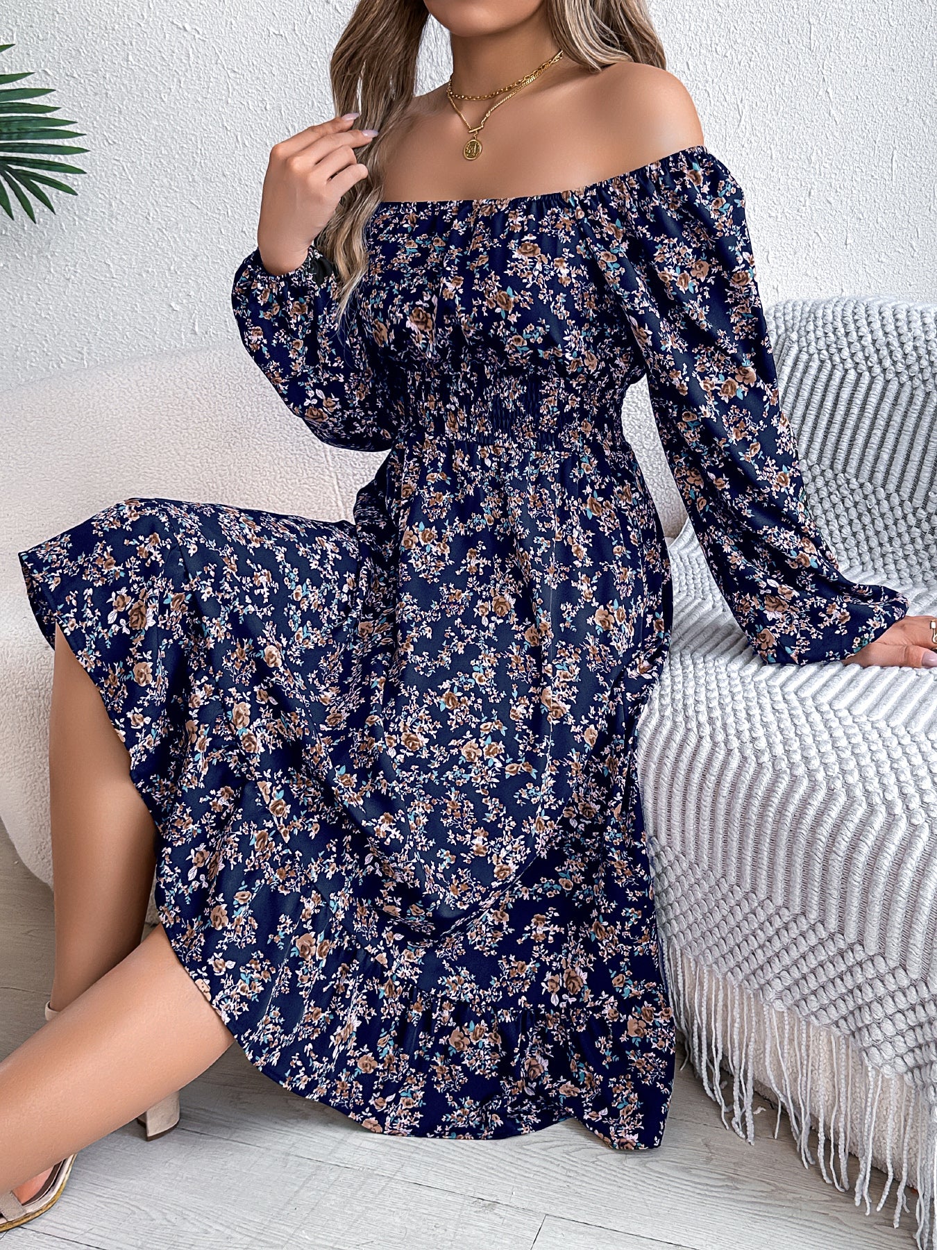 Women's Elegant Floral Square Neck Long Sleeve Waist-Defined Hem Ruffle A-Line Dress