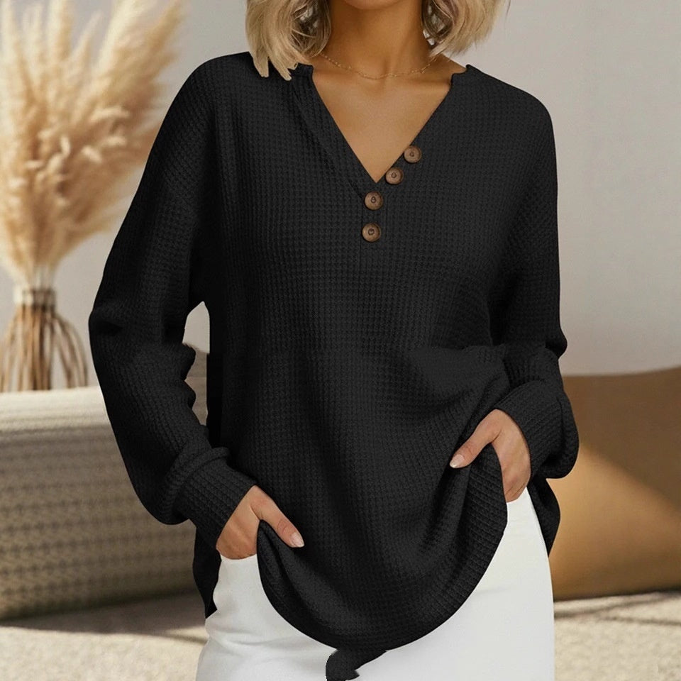 Casual Comfortable Loose Waffle Long Sleeve V-neck Women's Top