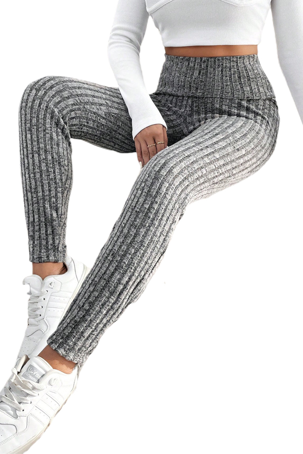 Leggings de punto con textura acanalada y cinturilla ancha gris oscuro