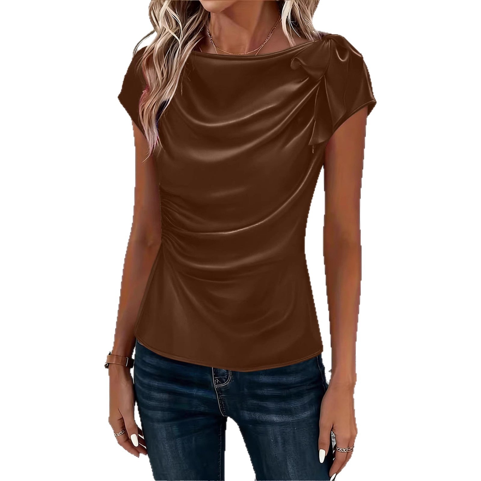 Solid-color Satin Faux-silk Off-the-shoulder Sleeveless Work Top