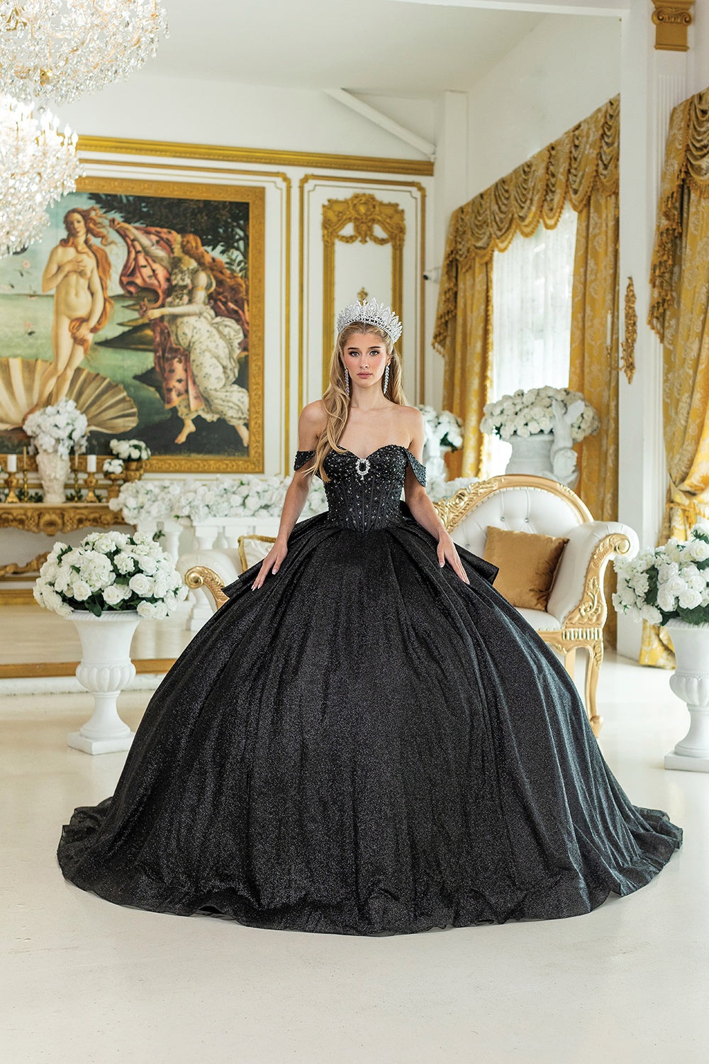 Stunning Strapless Ball Gown Quinceañera Dress with Glitter Overlay and Corset Bodice Quinceanera Dress