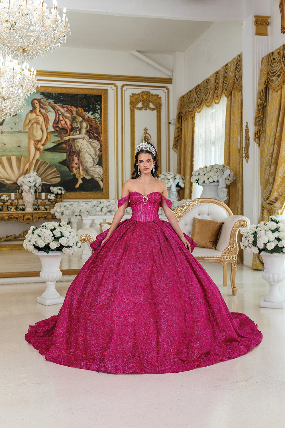Stunning Strapless Ball Gown Quinceañera Dress with Glitter Overlay and Corset Bodice Quinceanera Dress
