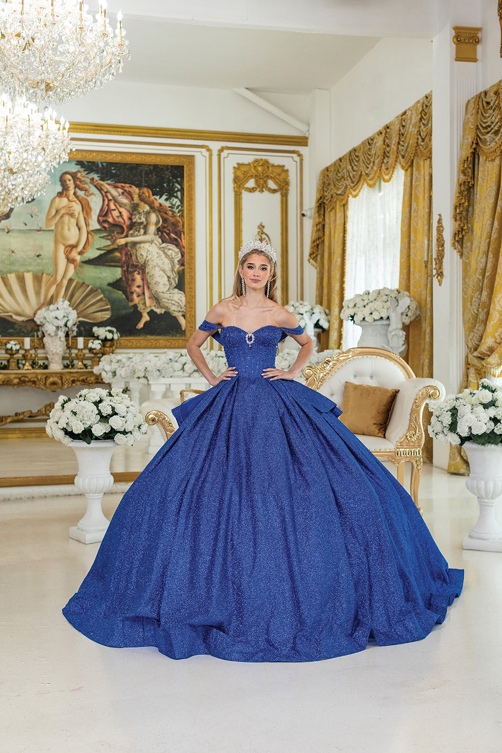 Stunning Strapless Ball Gown Quinceañera Dress with Glitter Overlay and Corset Bodice Quinceanera Dress