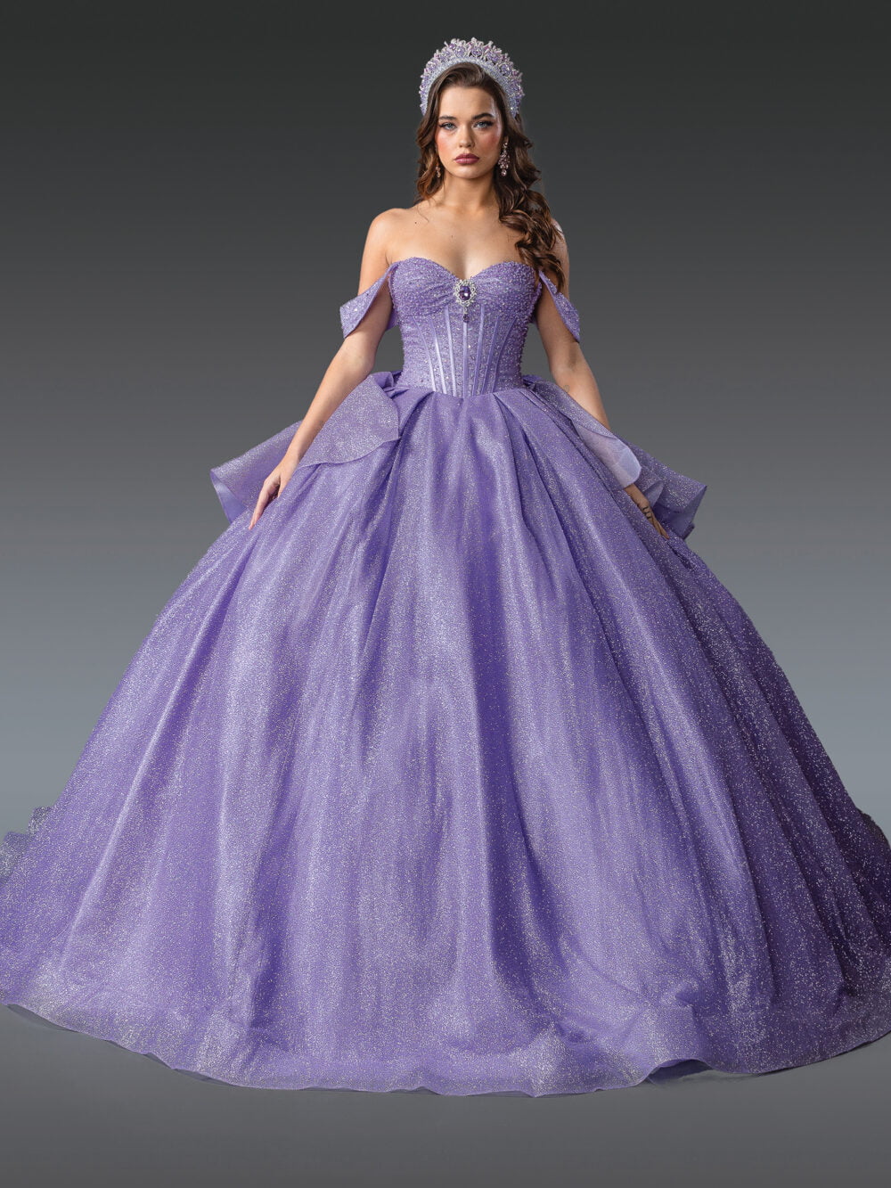 Stunning Strapless Ball Gown Quinceañera Dress with Glitter Overlay and Corset Bodice Quinceanera Dress