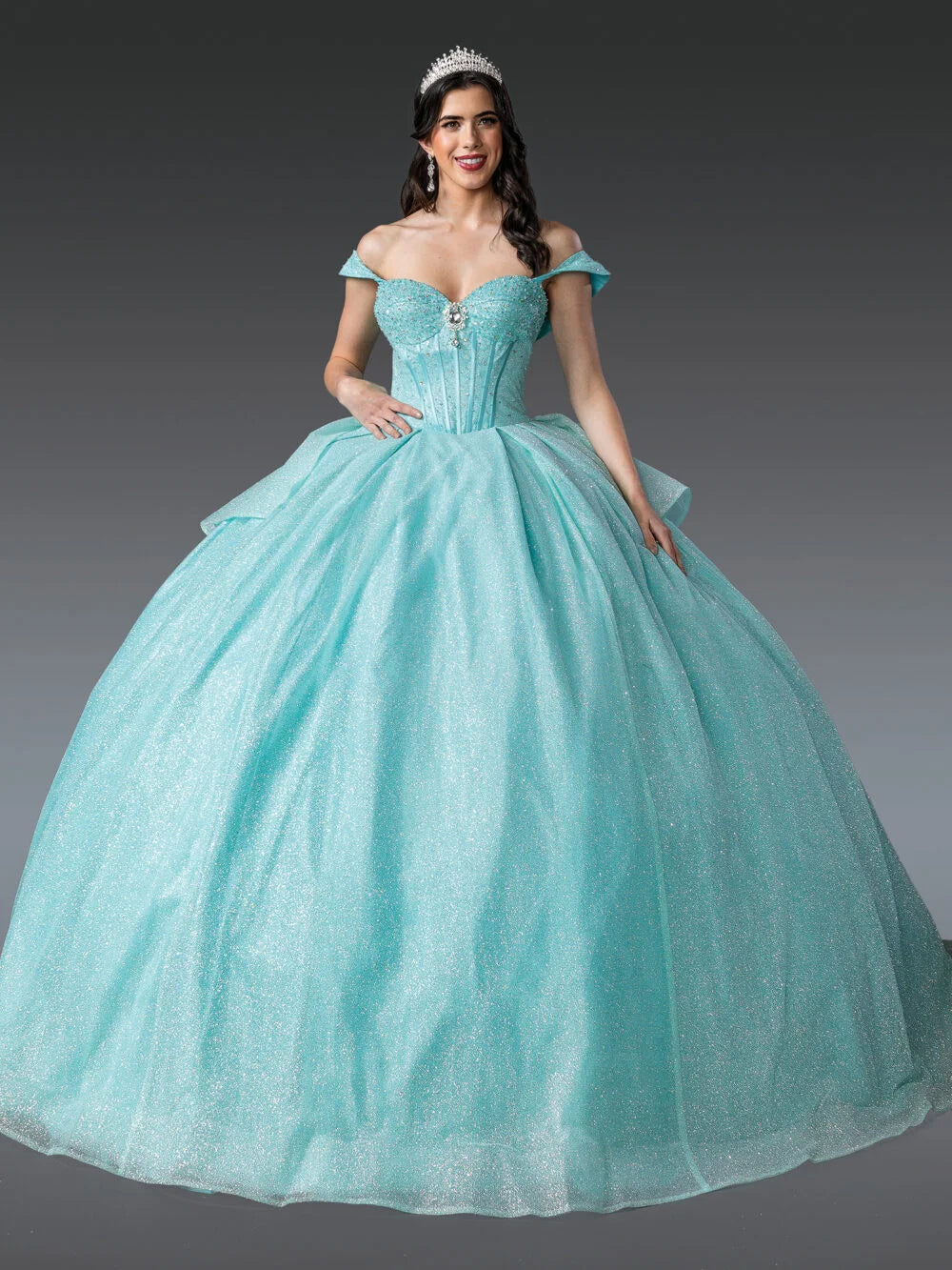 Stunning Strapless Ball Gown Quinceañera Dress with Glitter Overlay and Corset Bodice Quinceanera Dress