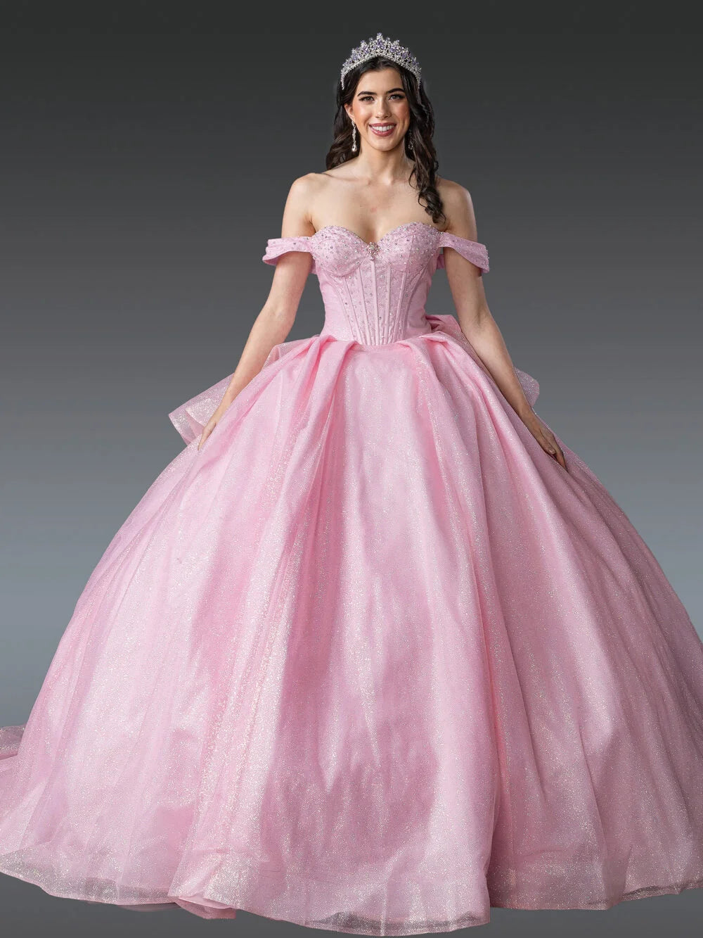 Stunning Strapless Ball Gown Quinceañera Dress with Glitter Overlay and Corset Bodice Quinceanera Dress