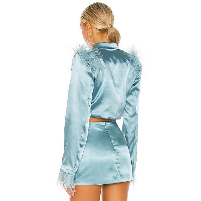 Women Suit Long Sleeve Feather Short Blazers Skirts Top