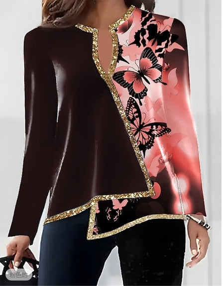 Women's V-neck Fashion Irregular Hem Long Sleeved Fitted T-shirt