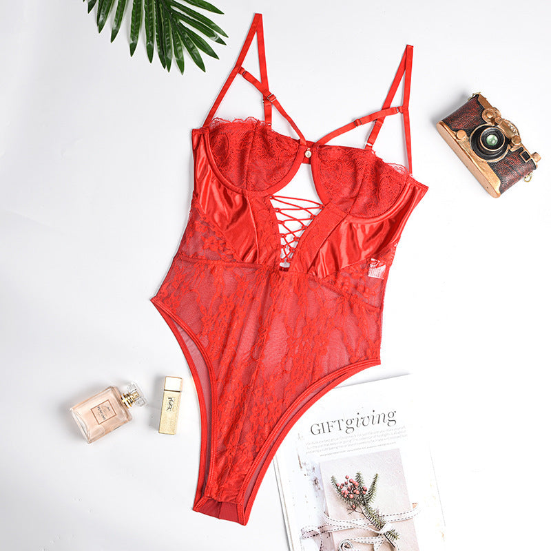 Cross Back Sexy Lace Suspender Bodysuit