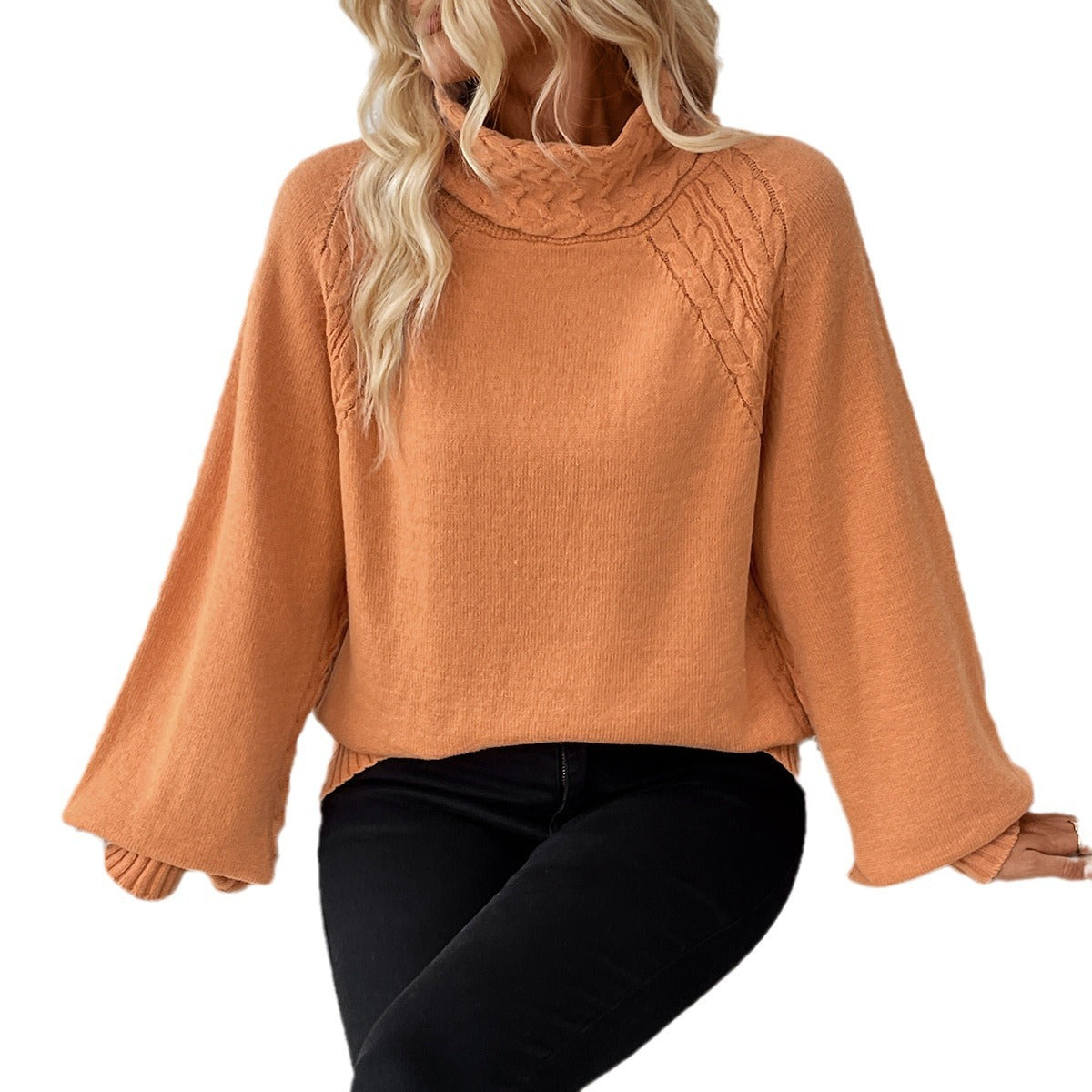 Loose Casual Sweater Turtleneck Twist Weave Princess Sleeves Sweater