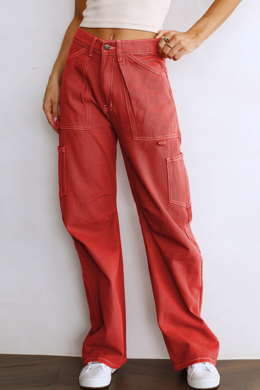 Green High Waist Straight Leg Cargo Pants with Pockets