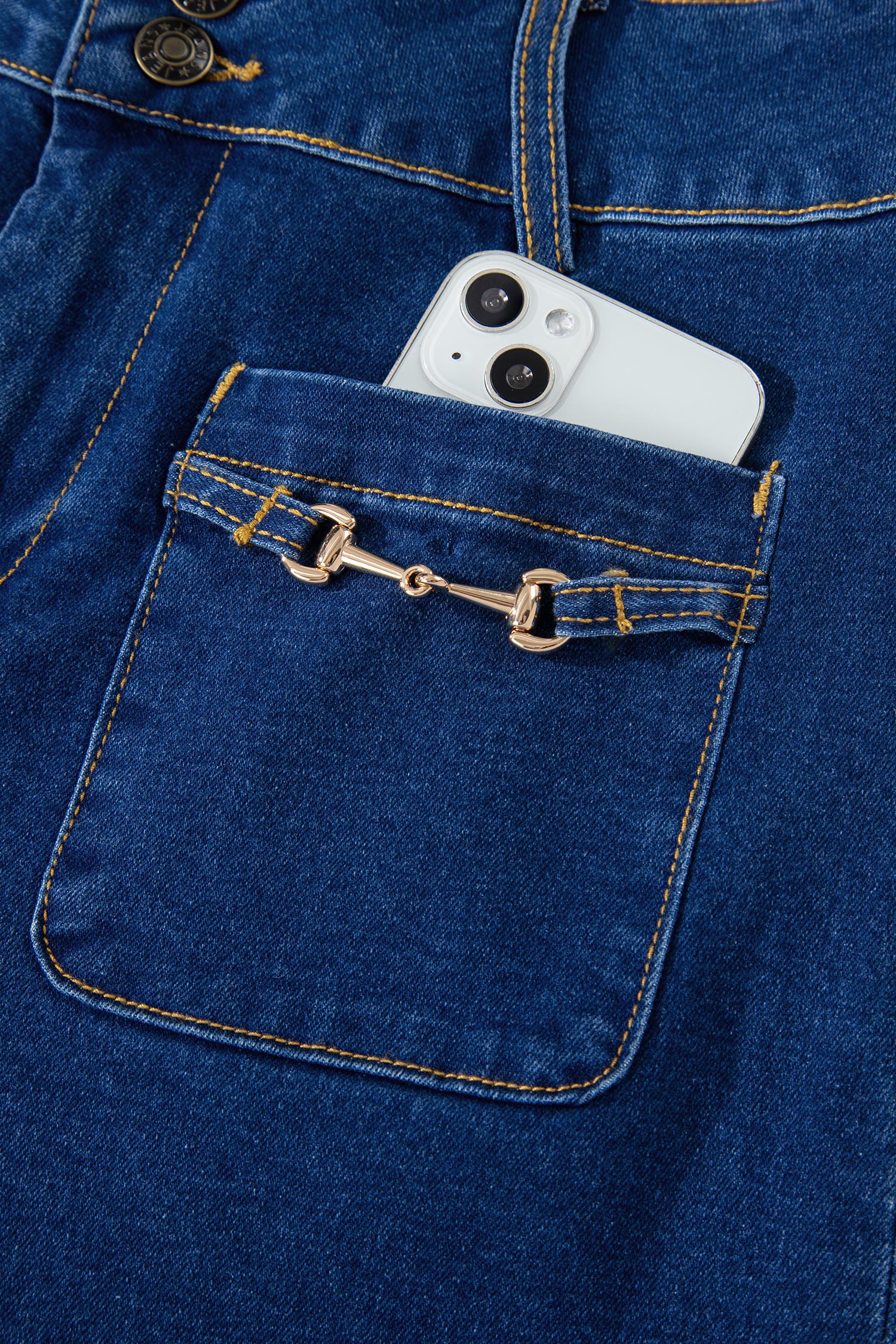 Sail Blue Hardware Decor Patched Pockets Wide Leg Denim Pants