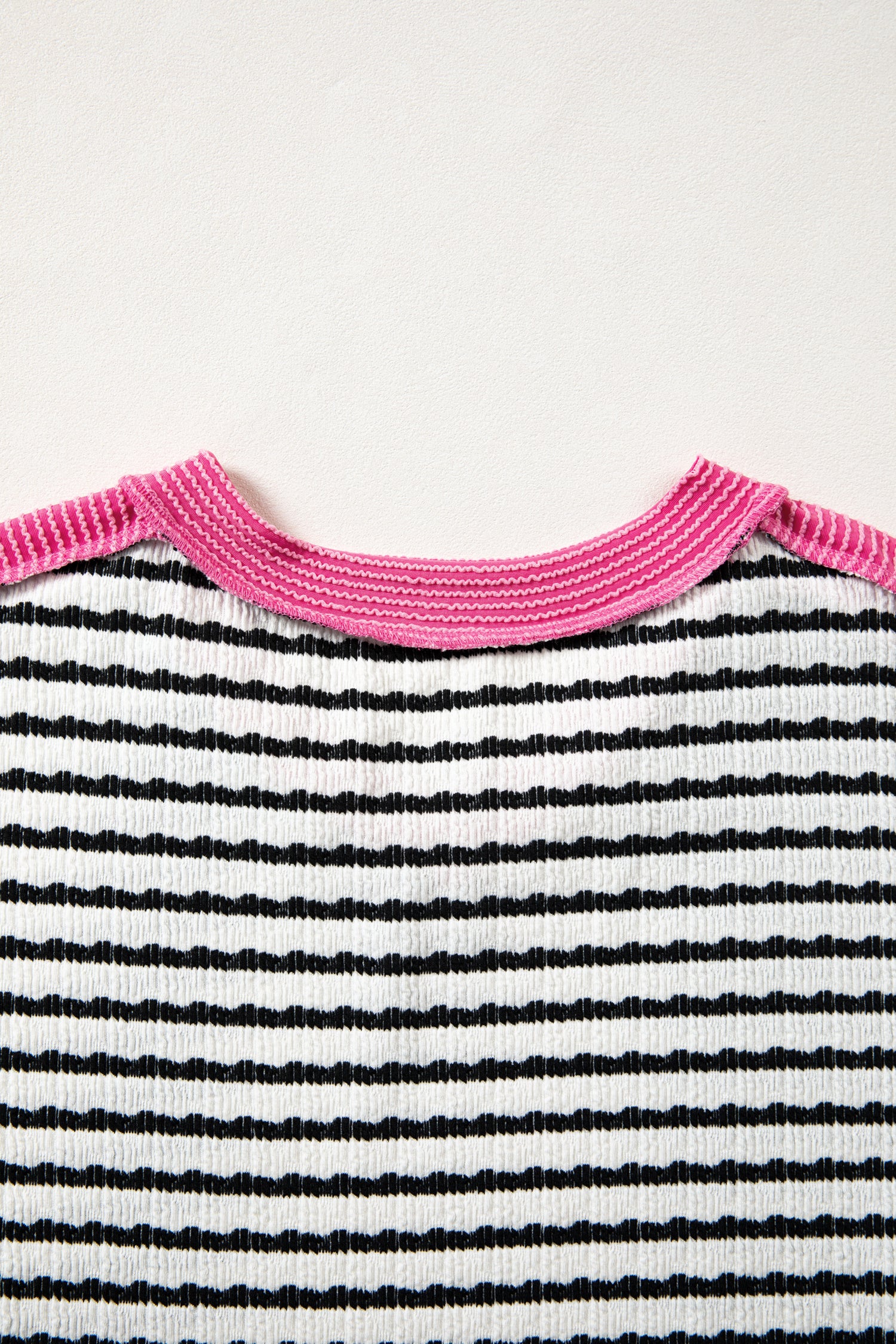Black Stripe Textured Knit Twisted Rib Contrast Patchwork V Neck Long Sleeve Top