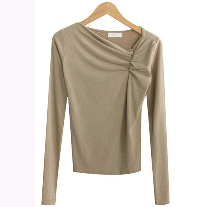 Diagonal Collar Long Sleeved Fitted T-shirt Base Solid Color Top