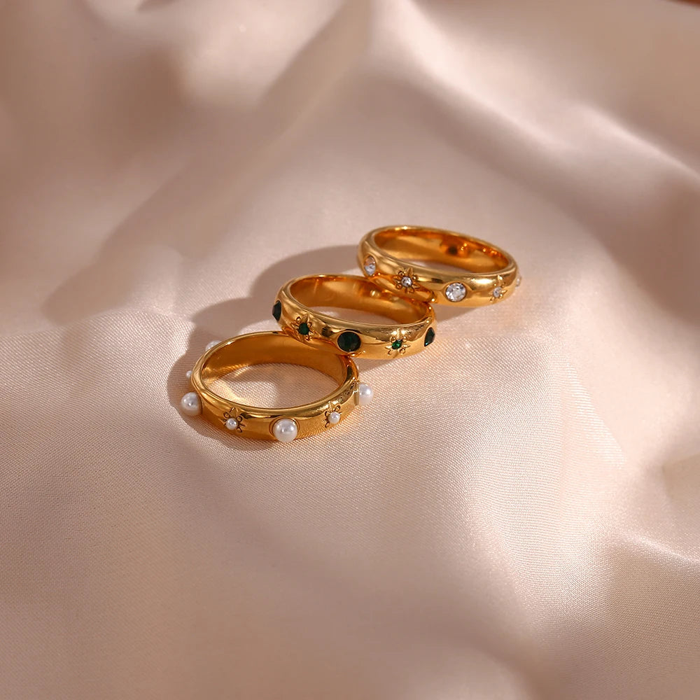 Anelli di perle di zirconi verdi placcati in oro 18 carati per le donne Gioielli in acciaio inossidabile con anello in oro delicato ipoallergenico impermeabile