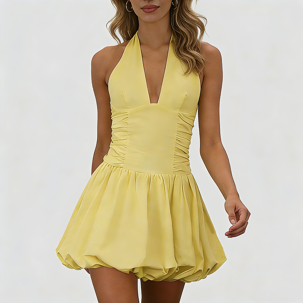 Women's Fashion Deep V Backless Halter Neck Tie Ribbon Bow Bubble Mini Dress
