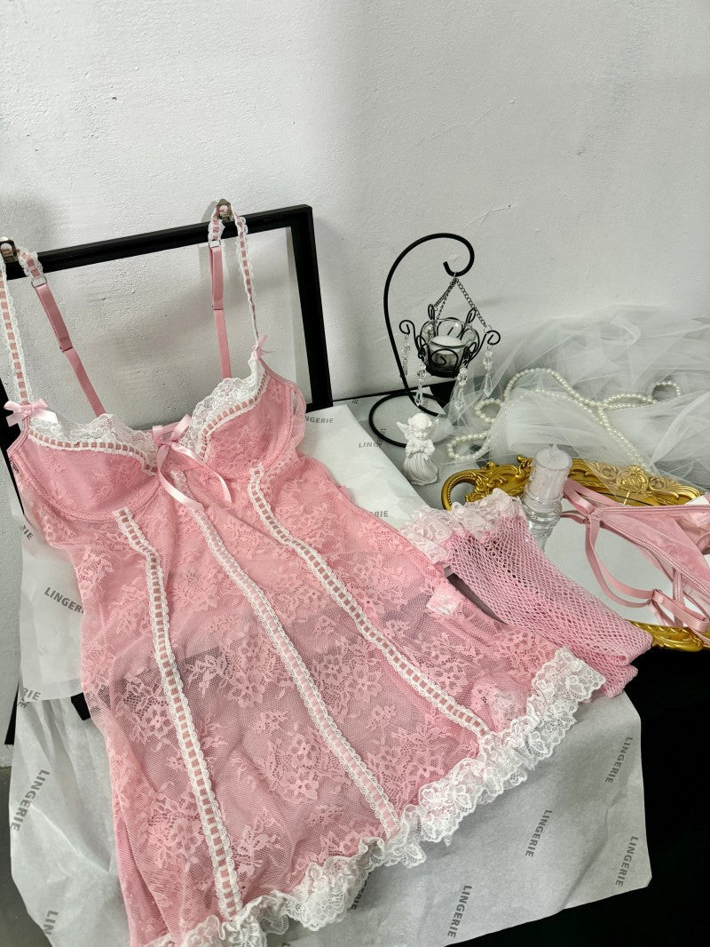 Sexy Lace Spliced Bodysuit Erotic Underwear Transparent Temptation Suit with Fishnet Stockings Dress