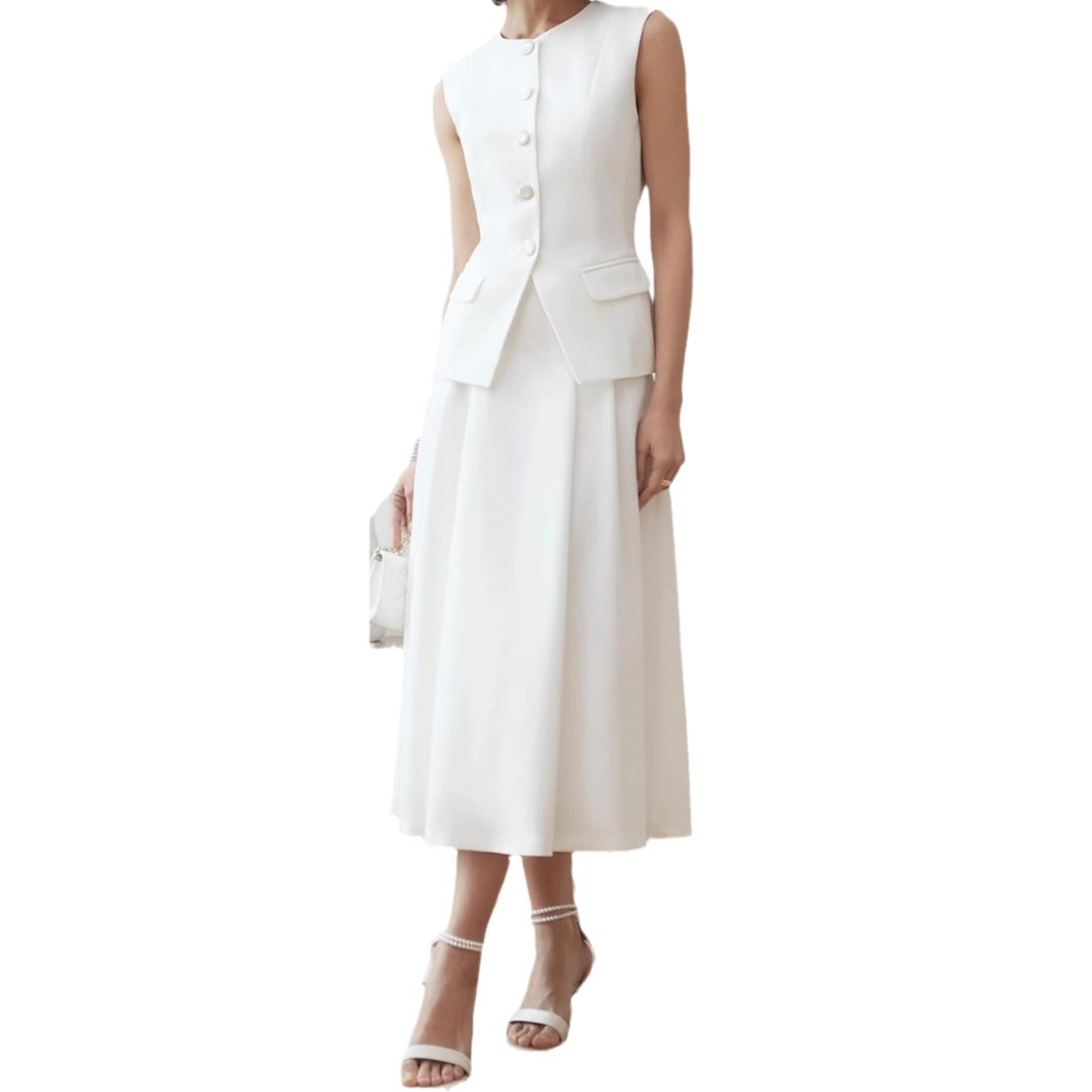 Button Sleeveless Suit Vest High Waist Skirt