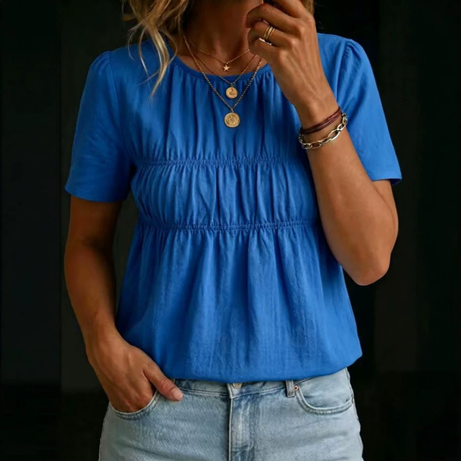 Women's Pleated Crew-Neck Short-Sleeve Top T-Shirt