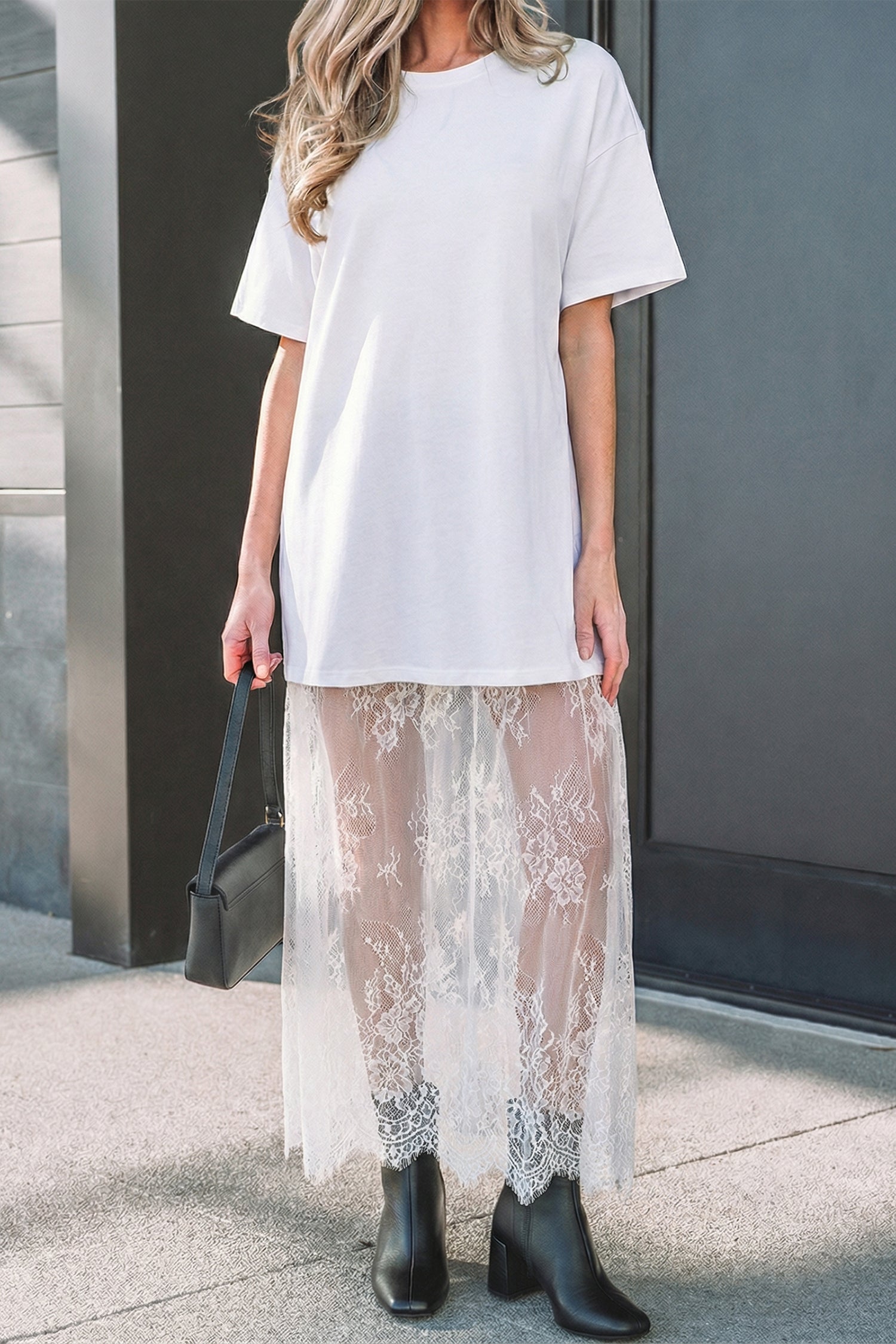 White Floral Patchwork Short Sleeve T Shirt Loose Maxi Dress