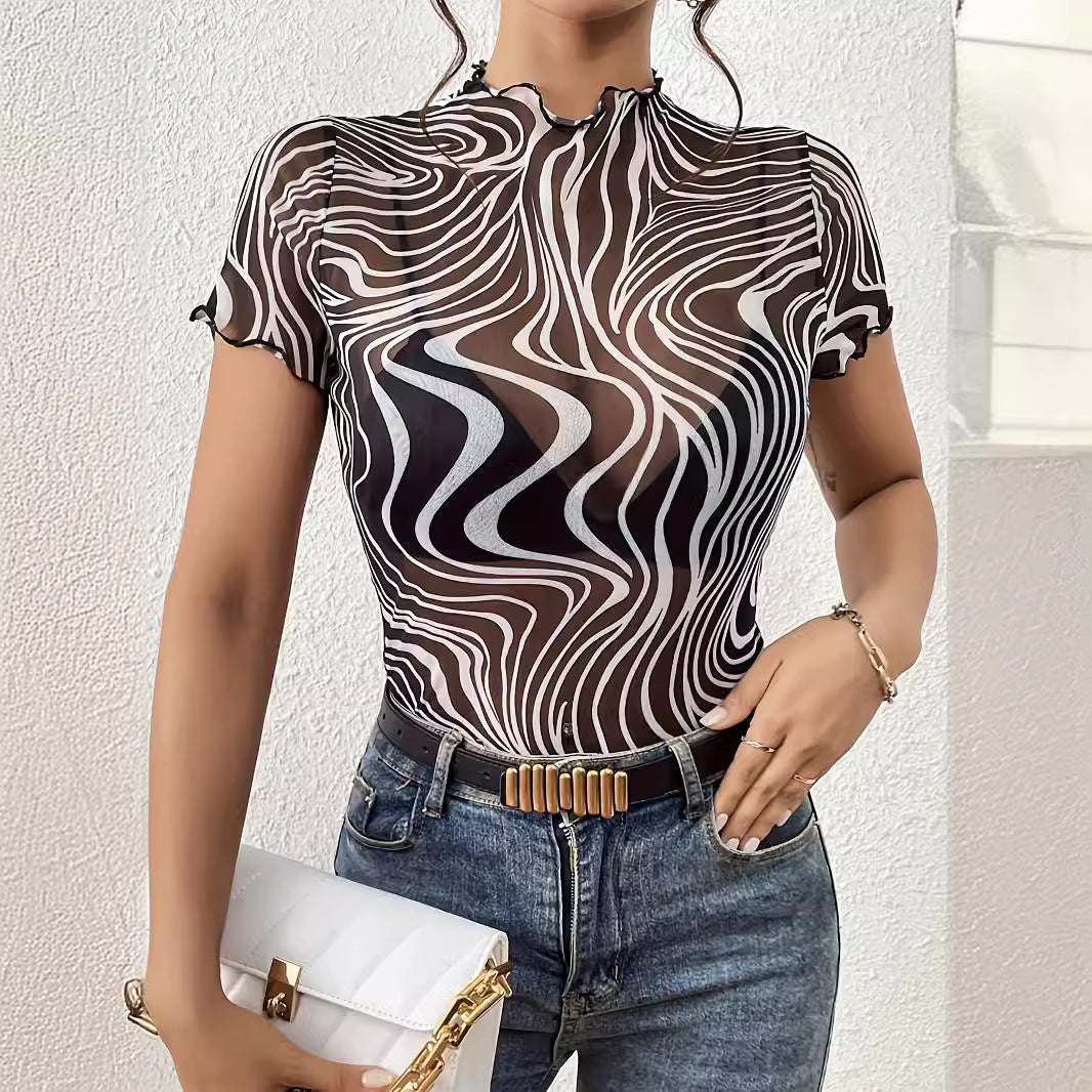 Elegant Womens Mesh Top With Floral Print Striped Design And Ruffle Trim Short Sleeves