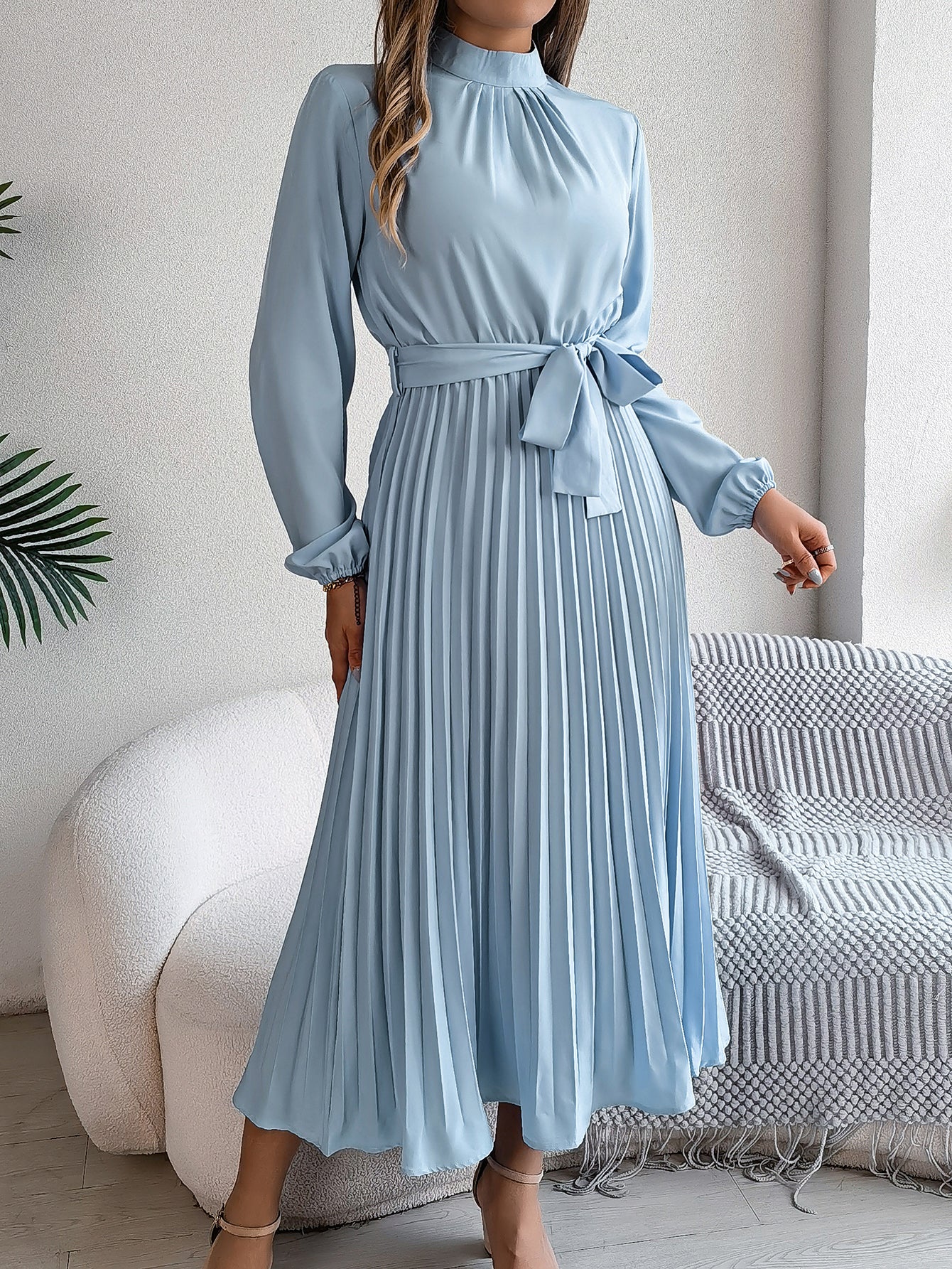 Women's Elegant Stand Collar Long Sleeve Tie Waist Pleated Maxi Evening Dress