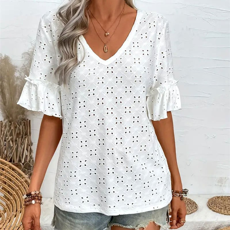 Knitted Embroidered Hollow Ruffled V-neck Short-sleeved Top