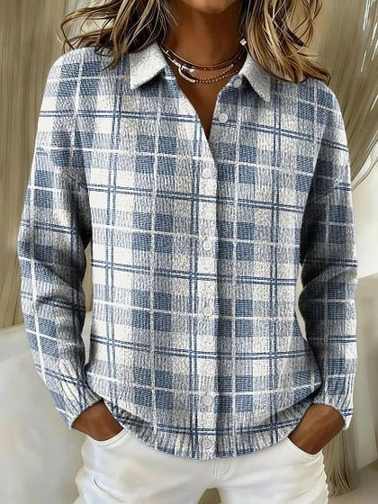 Womens Retro Plaid Printed Long-Sleeve Shirt With Star Design