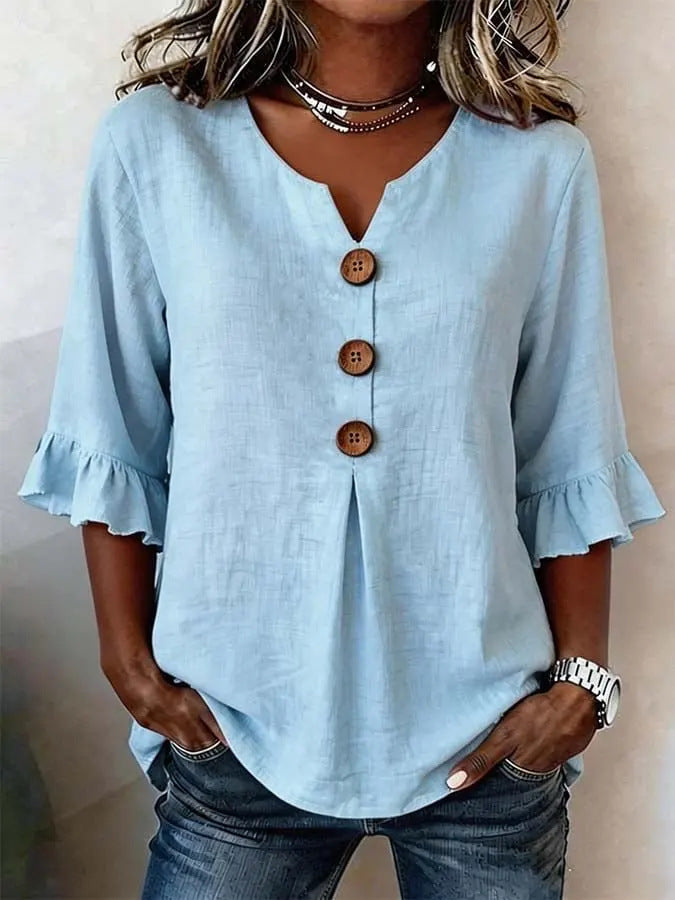 Women's V-neck Cotton-linen Button-up Top