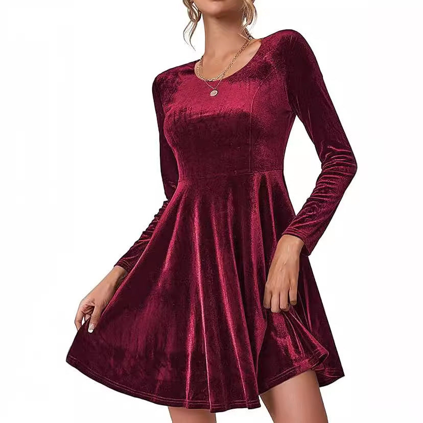 Womens Solid-Color Long-Sleeve Crew-Neck Velvet Maxi Dress For Valentines Day