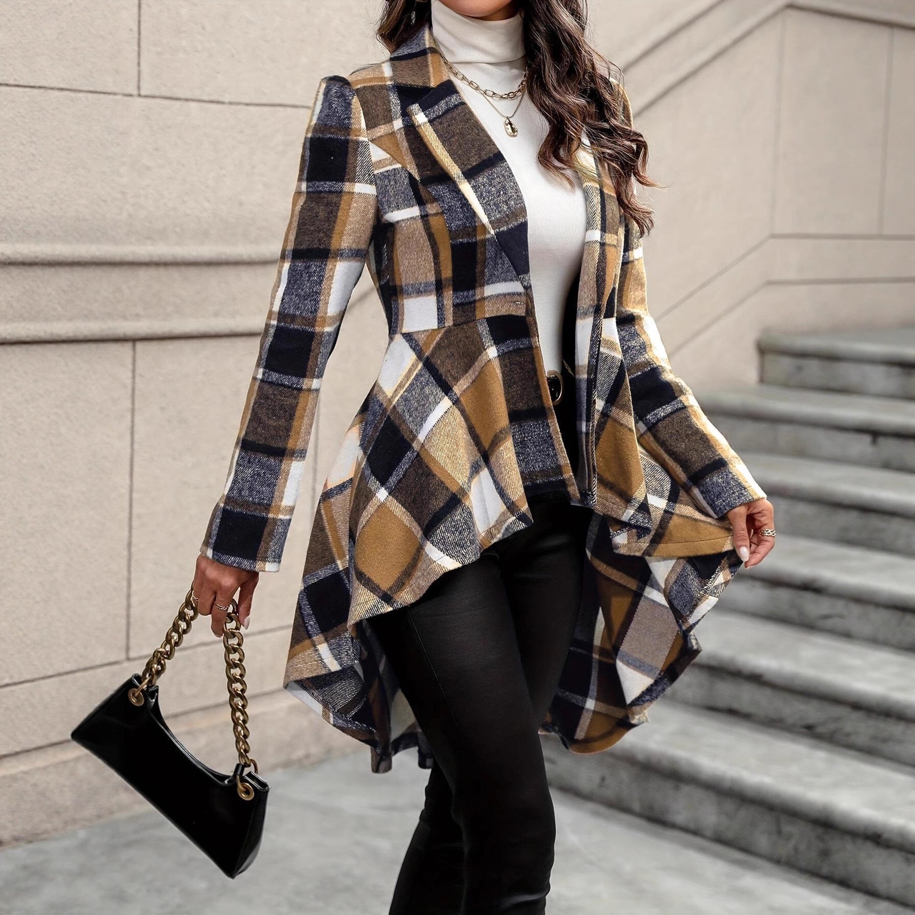 Plaid Pattern Button Front Jacket Long Sleeve High And Low Flared Jacket