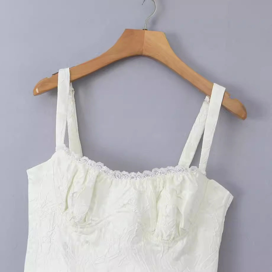 Summer Jacquard Lace Stitching Suspender Skirt White Dress