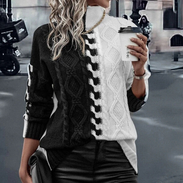 Fashion Color Contrast Black And White Splicing Knitwear Top