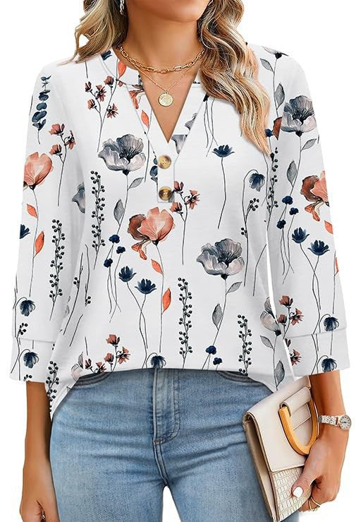 Womens Plus-Size Loose V-Neck Buttoned Three-Quarter Sleeve T-Shirt