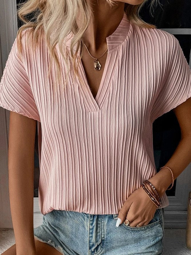 Summer Women's Top Solid Color And V-neck Striped Short Sleeve