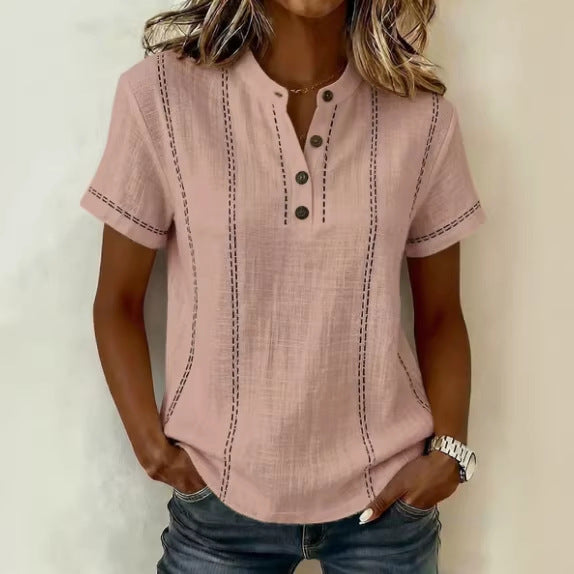 Casual Short-Sleeve Stand-Collar Solid-Color Patchwork Womens Shirt