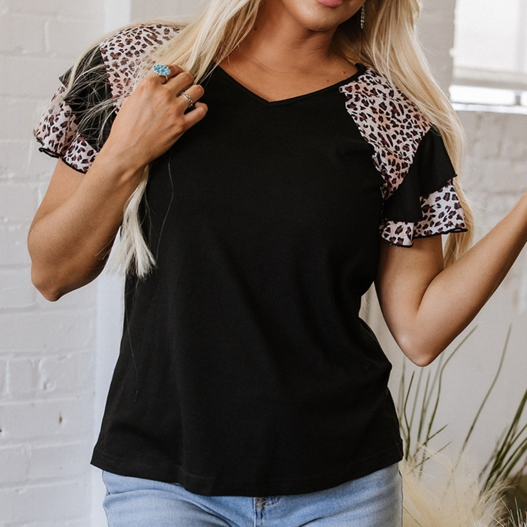 Fashion Leopard Splicing Layered Short-sleeved Summer New Retro Trendy Pullover For Women