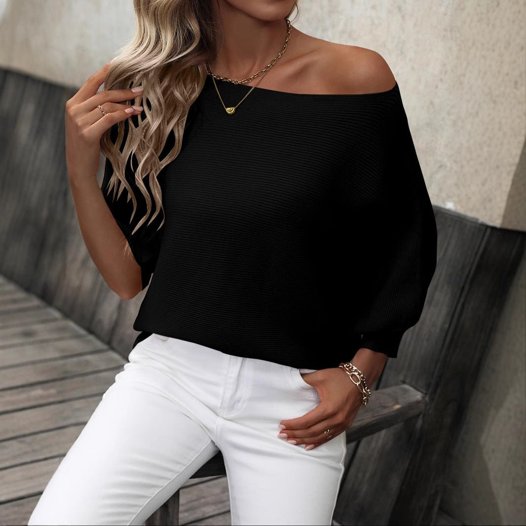 Shoulder-baring Loose Batwing Sleeve Off-neck Sweater