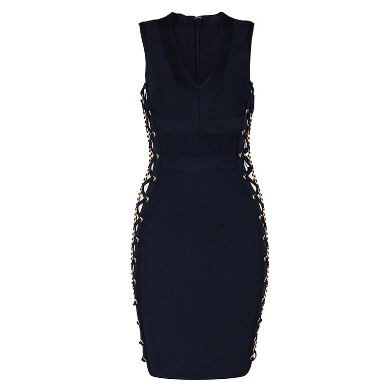 Sexy Bandage Dress With A Metal Chain Design
