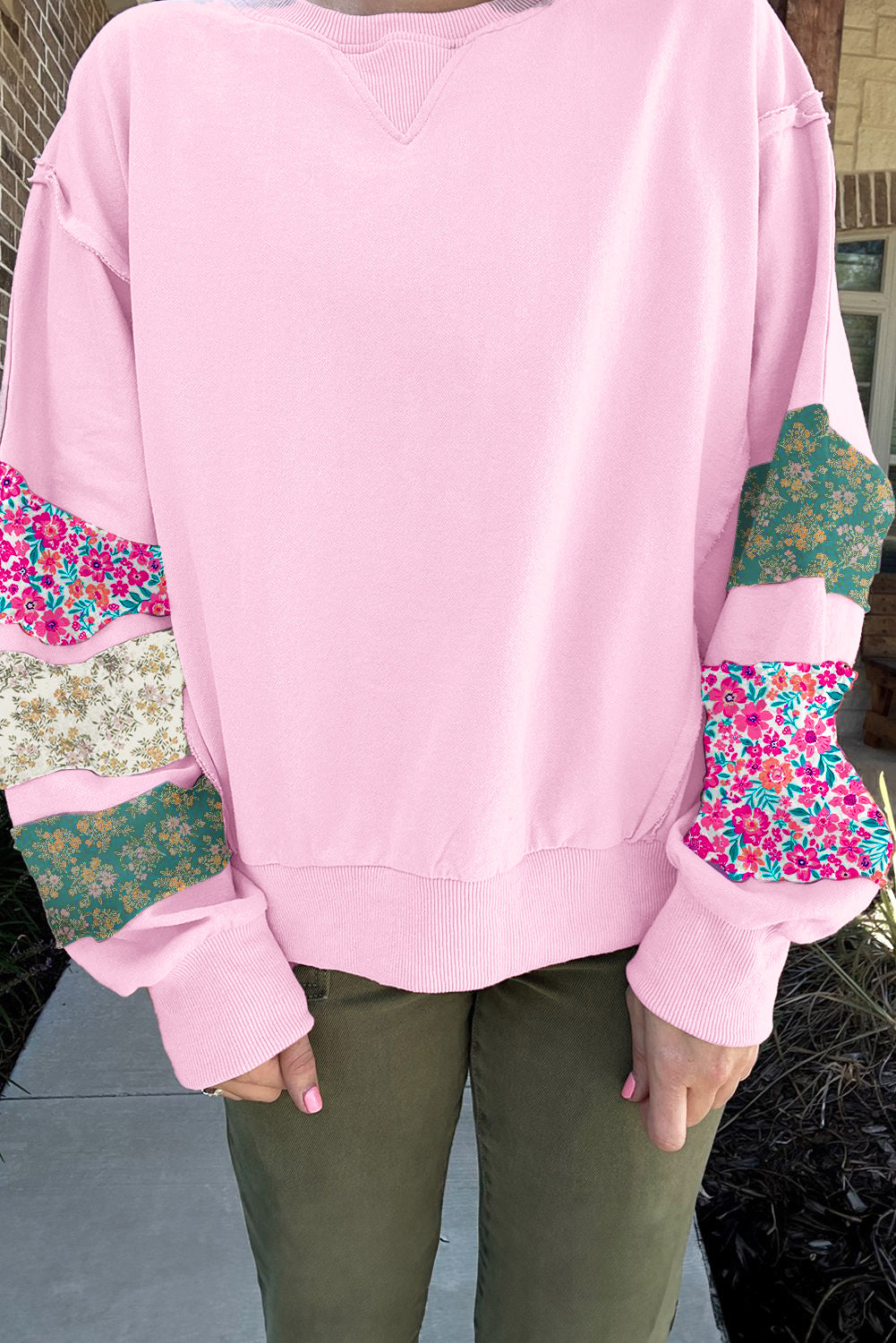Pink Plus Size Mix Floral Patched Sleeve Ribbed Trim Baggy Sweatshirt