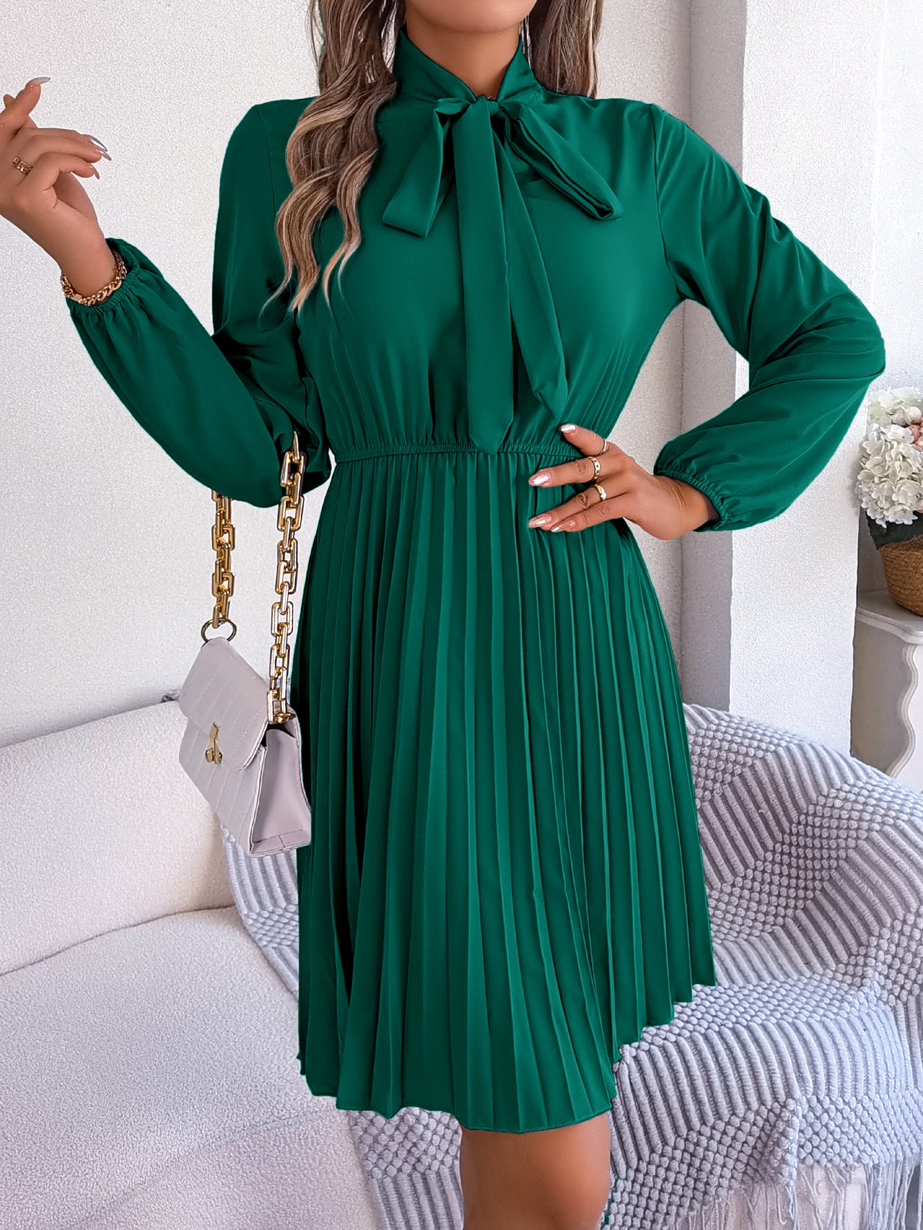 Women's Elegant Tie Waist Long Sleeve Pleated Skirt